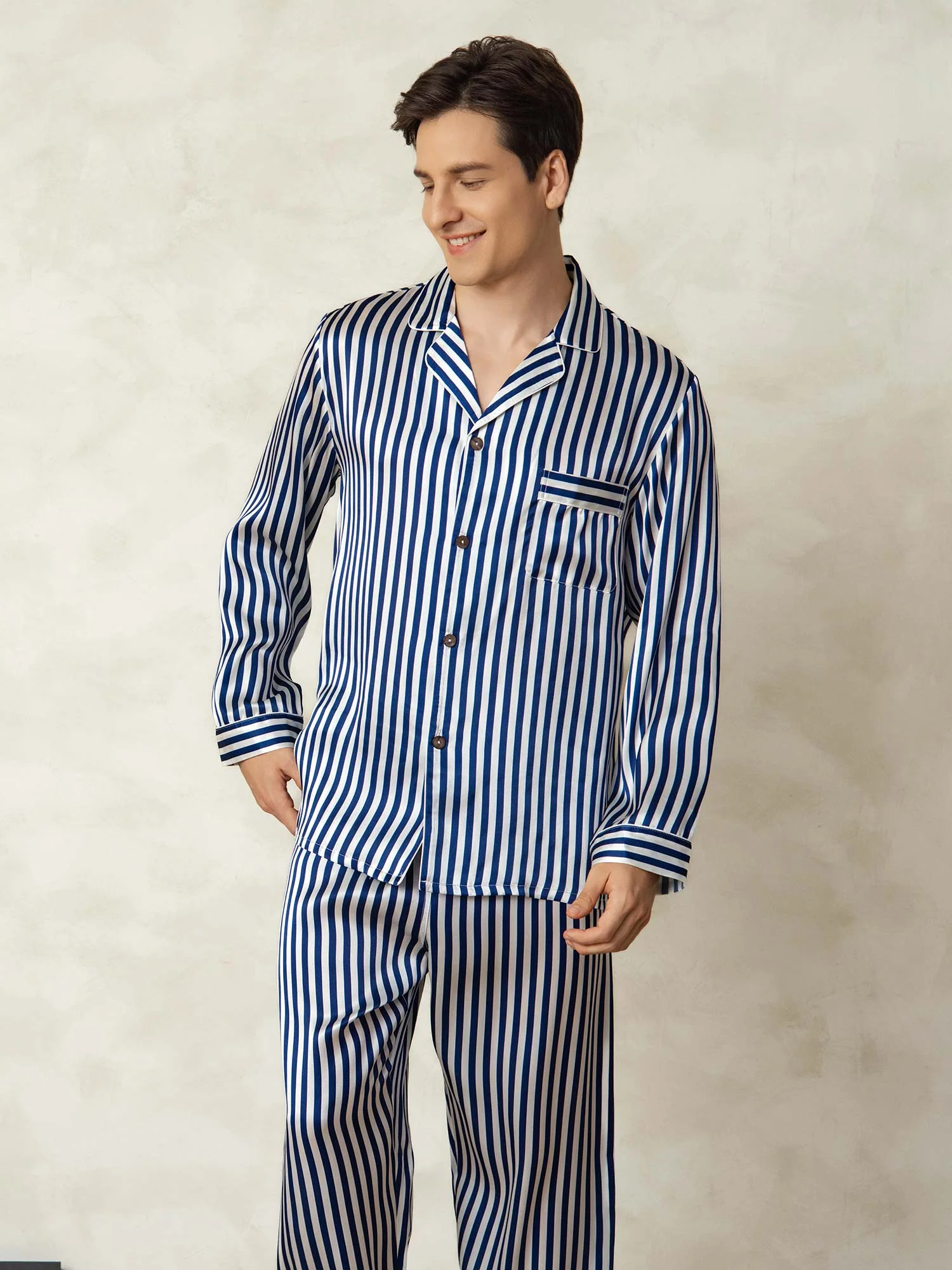 Men's 100% Mulberry Silk Stripe Print Long Sleeve Lapel Collar Pajamas Set - Image 5