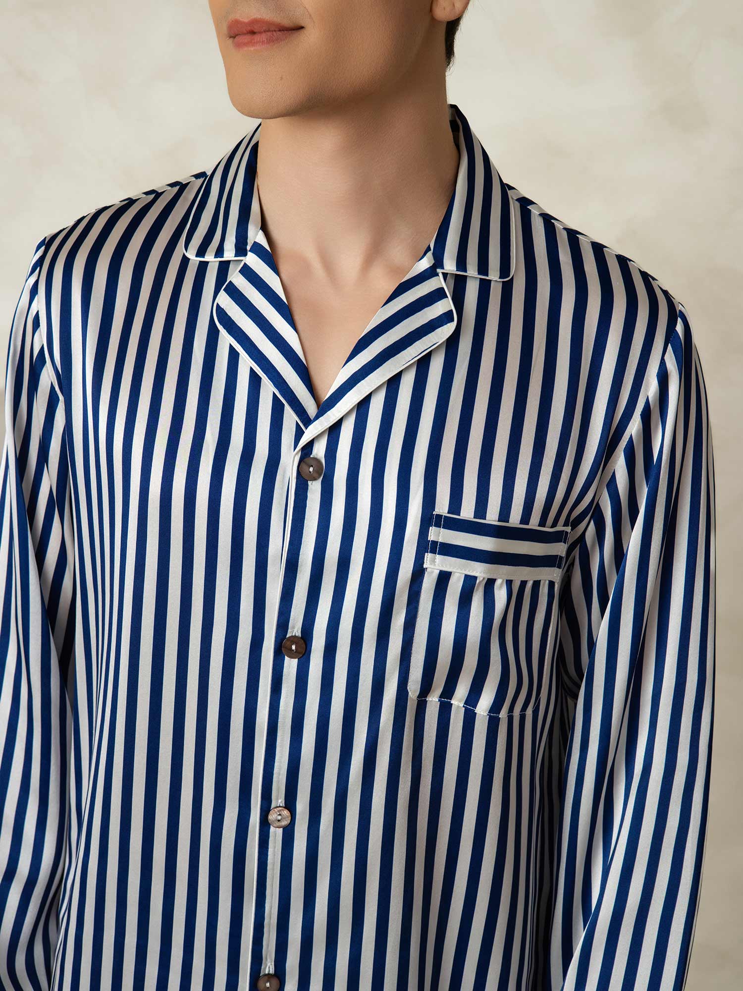Men's 100% Mulberry Silk Stripe Print Long Sleeve Lapel Collar Pajamas Set - Image 6