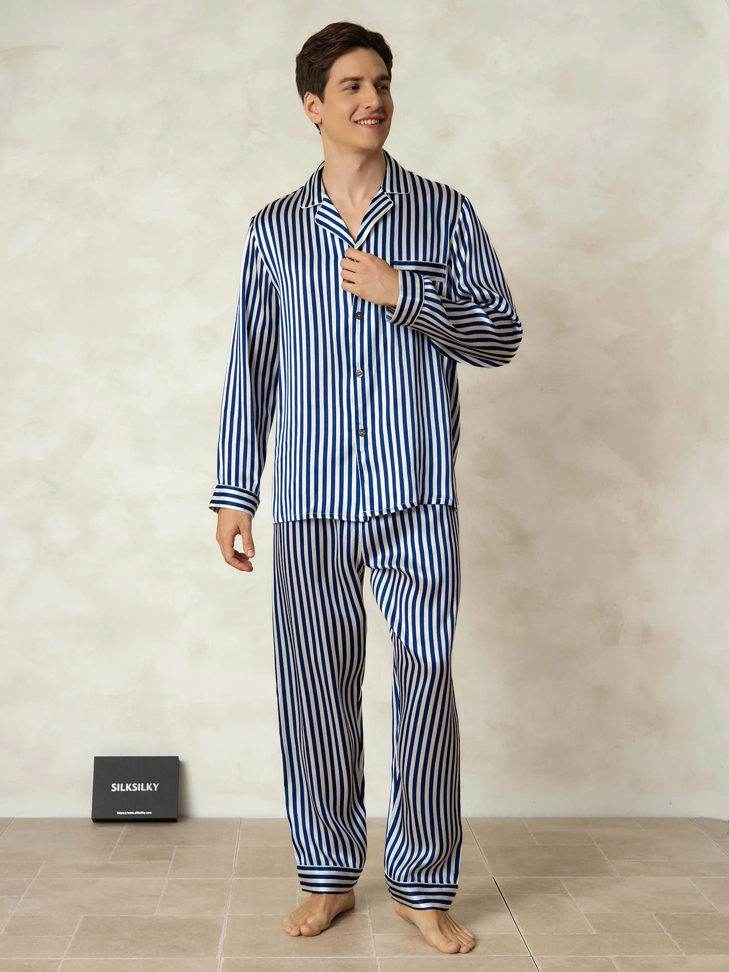Men's 100% Mulberry Silk Stripe Print Long Sleeve Lapel Collar Pajamas Set - Image 7