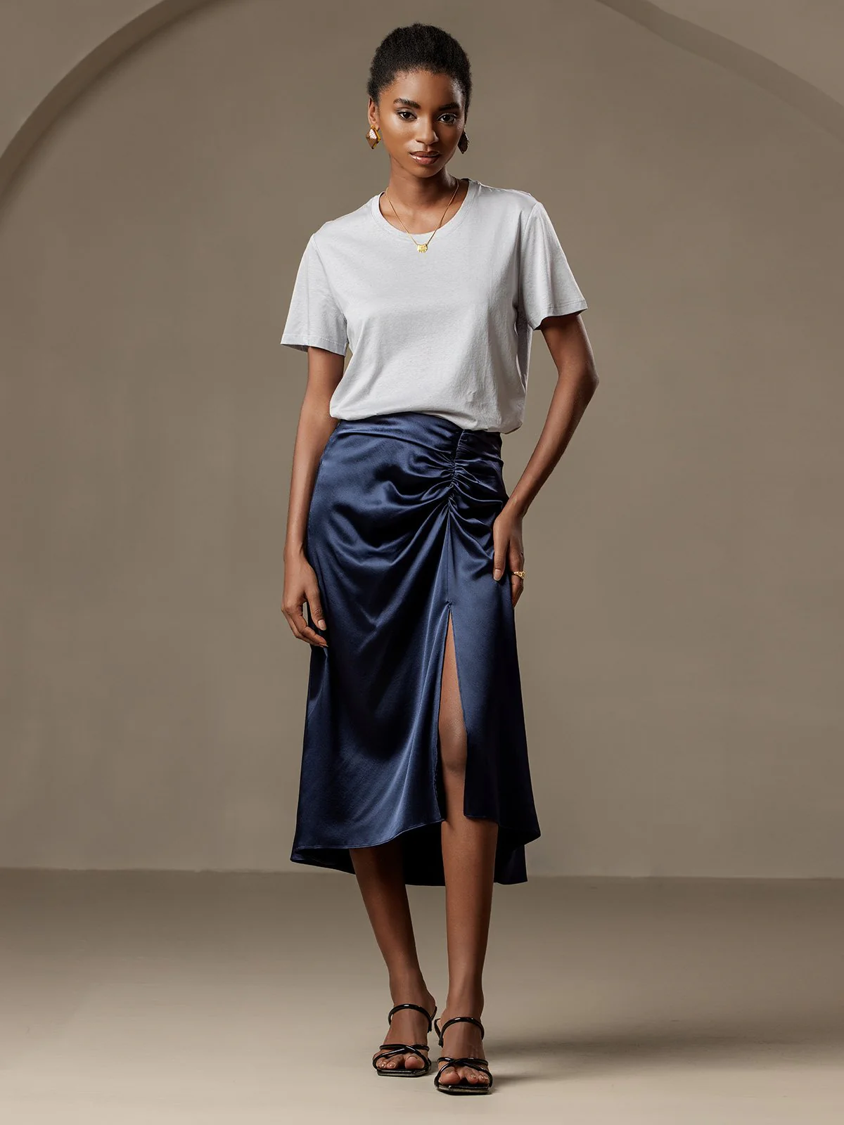 Clearance - Silk Pleated High Slit Skirt - Image 5