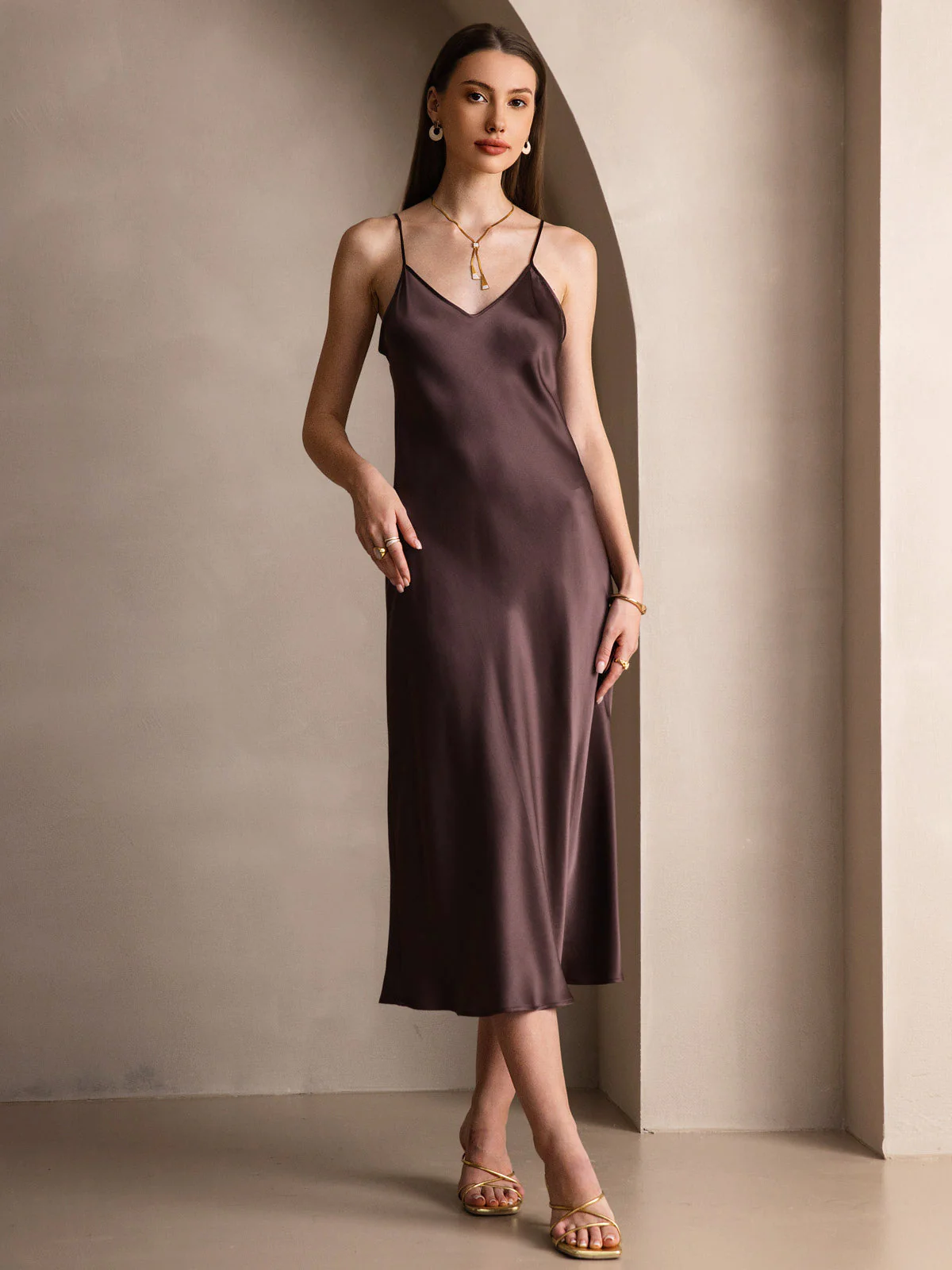 100% Mulberry Silk Spaghetti Strap Midi Long Dress - Image 16