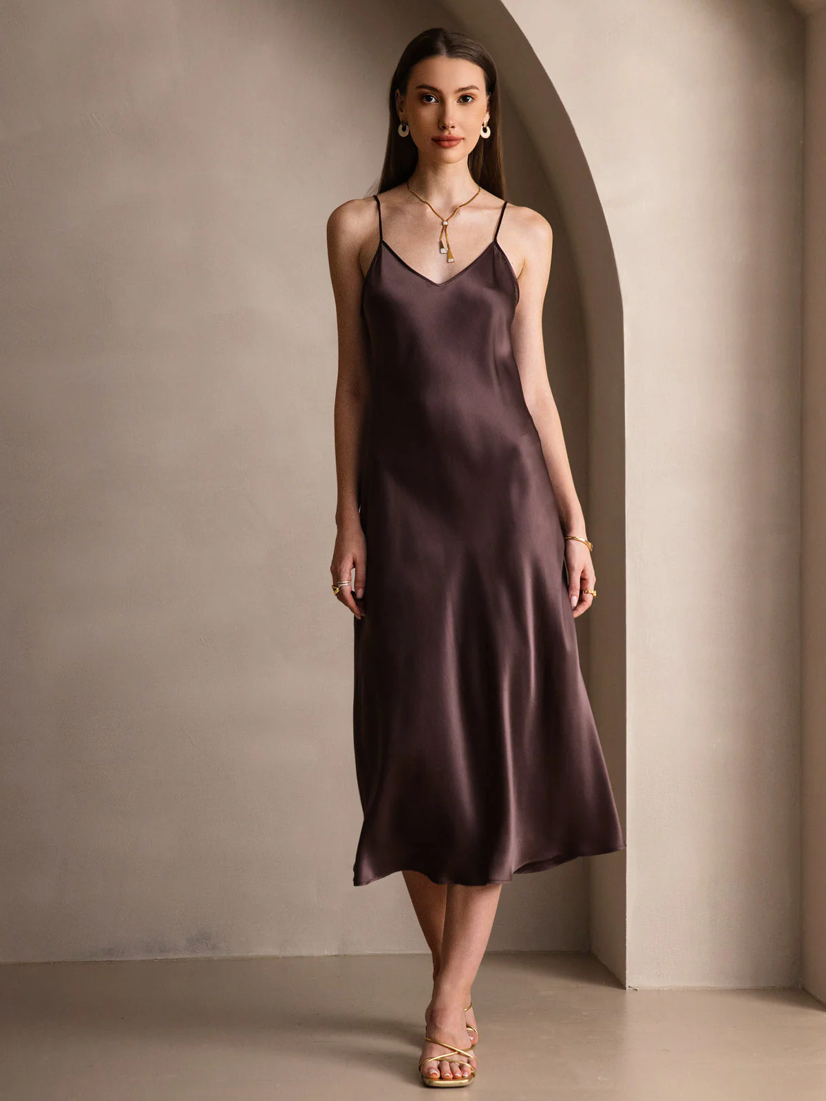 100% Mulberry Silk Spaghetti Strap Midi Long Dress - Image 17