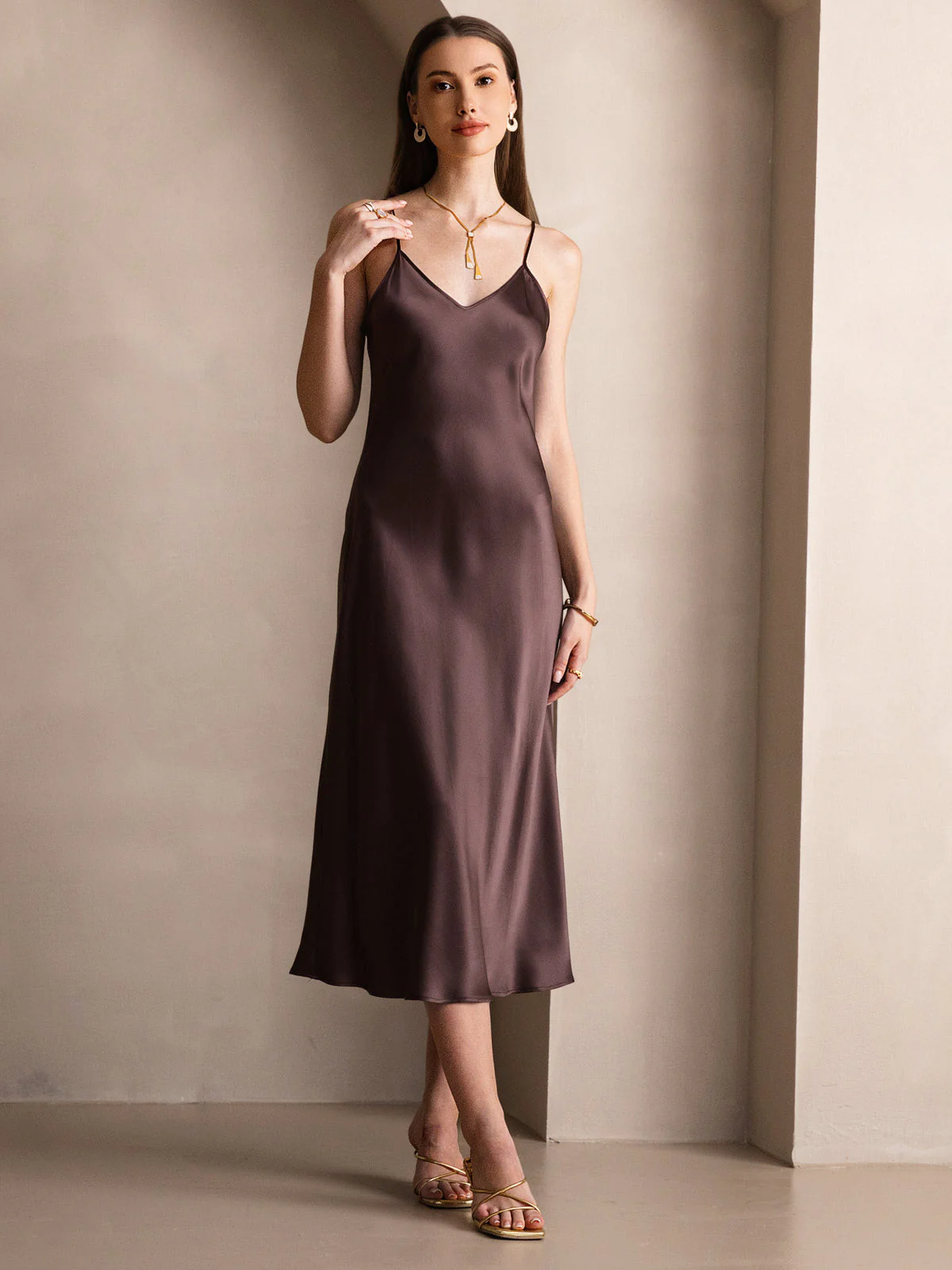 100% Mulberry Silk Spaghetti Strap Midi Long Dress - Image 18