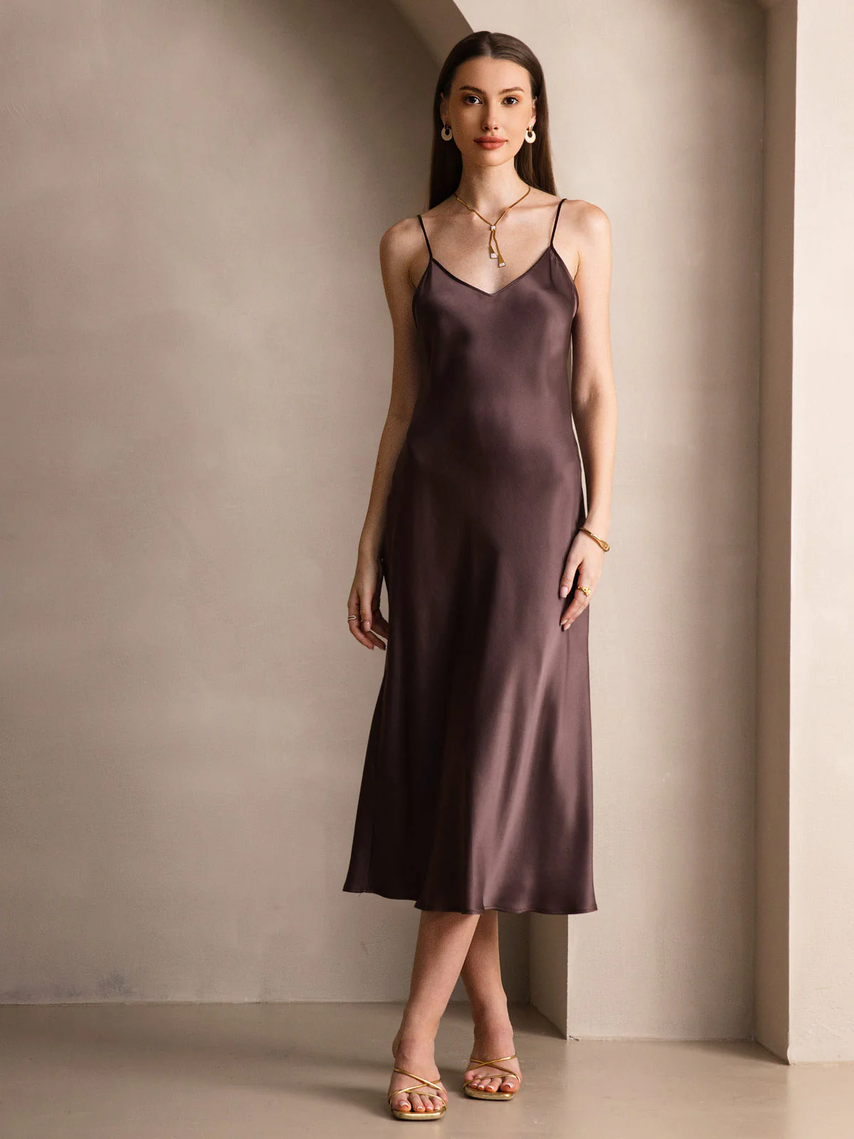 100% Mulberry Silk Spaghetti Strap Midi Long Dress - Image 19