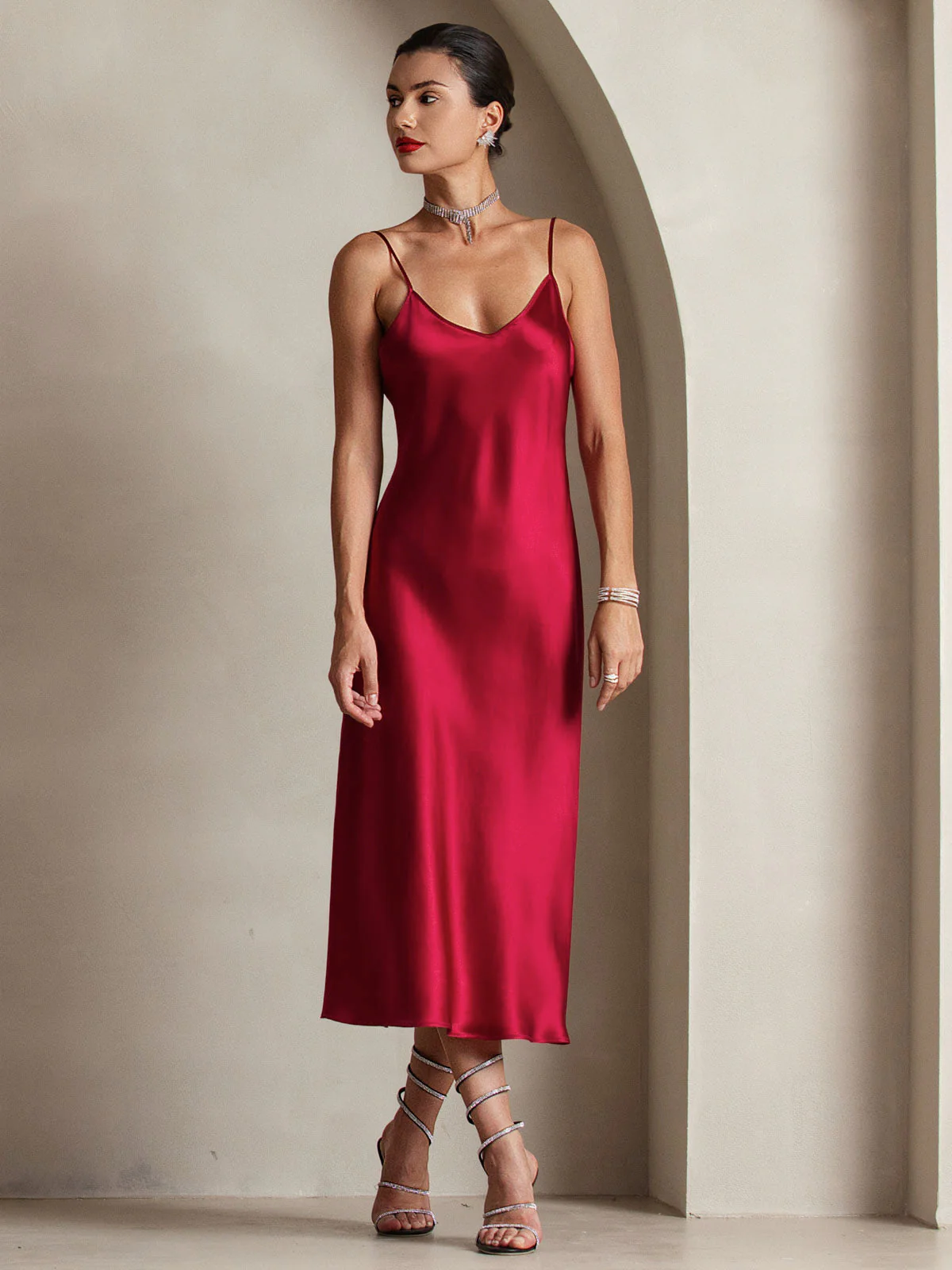 100% Mulberry Silk Spaghetti Strap Midi Long Dress - Image 26