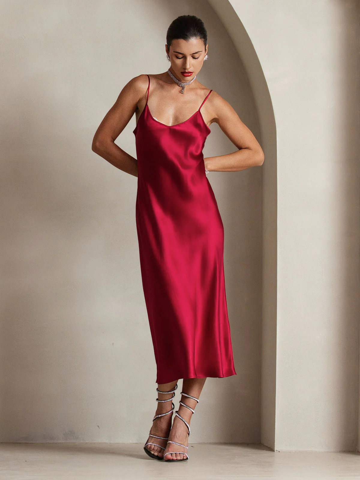 100% Mulberry Silk Spaghetti Strap Midi Long Dress - Image 28