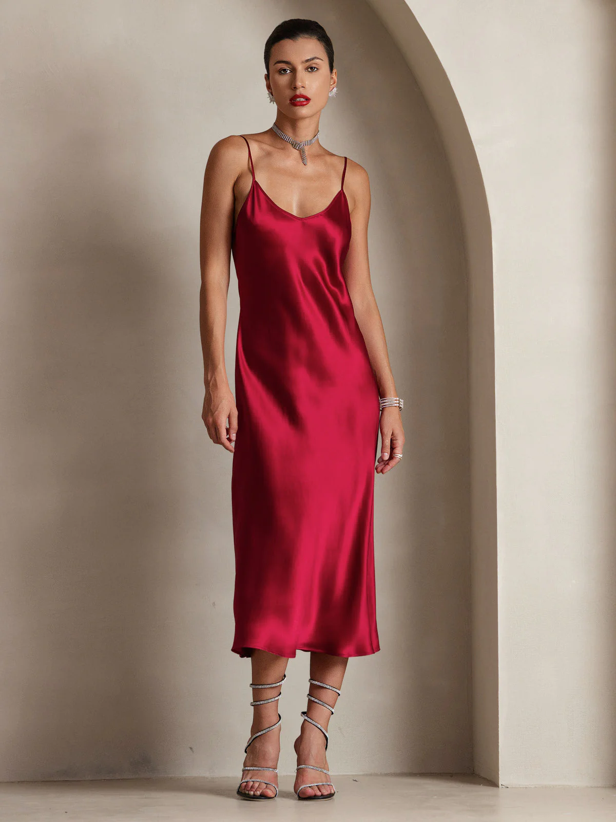 100% Mulberry Silk Spaghetti Strap Midi Long Dress - Image 29