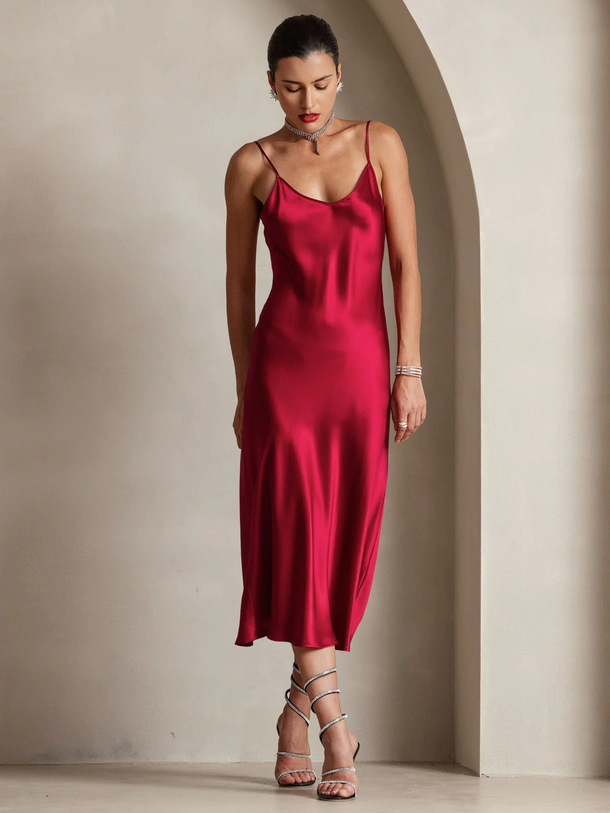 100% Mulberry Silk Spaghetti Strap Midi Long Dress - Image 30