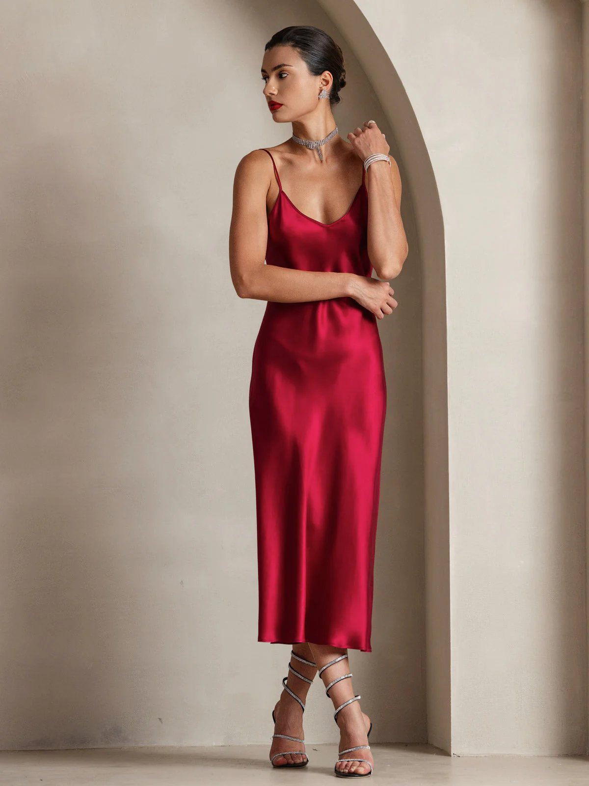 100% Mulberry Silk Spaghetti Strap Midi Long Dress - Image 31