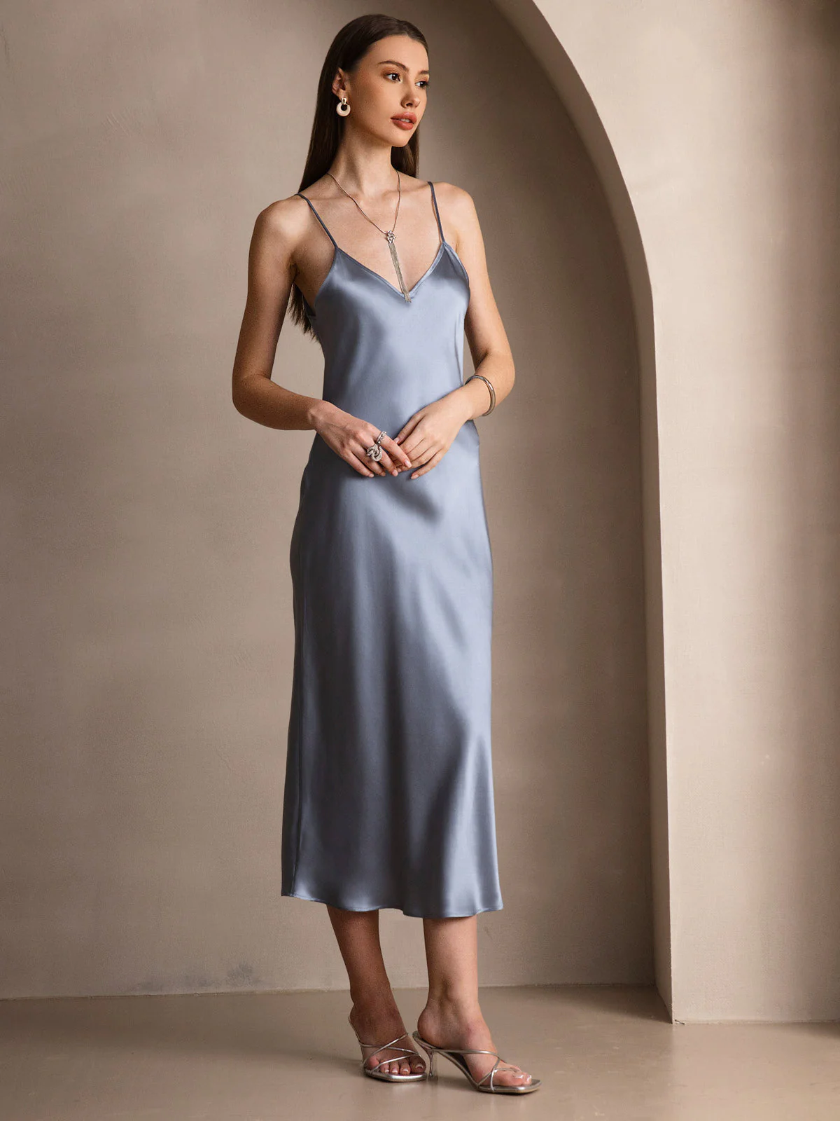 100% Mulberry Silk Spaghetti Strap Midi Long Dress - Image 42