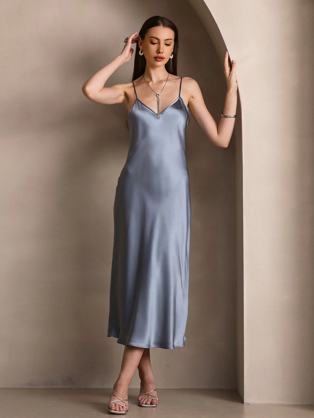 100% Mulberry Silk Spaghetti Strap Midi Long Dress - Image 44