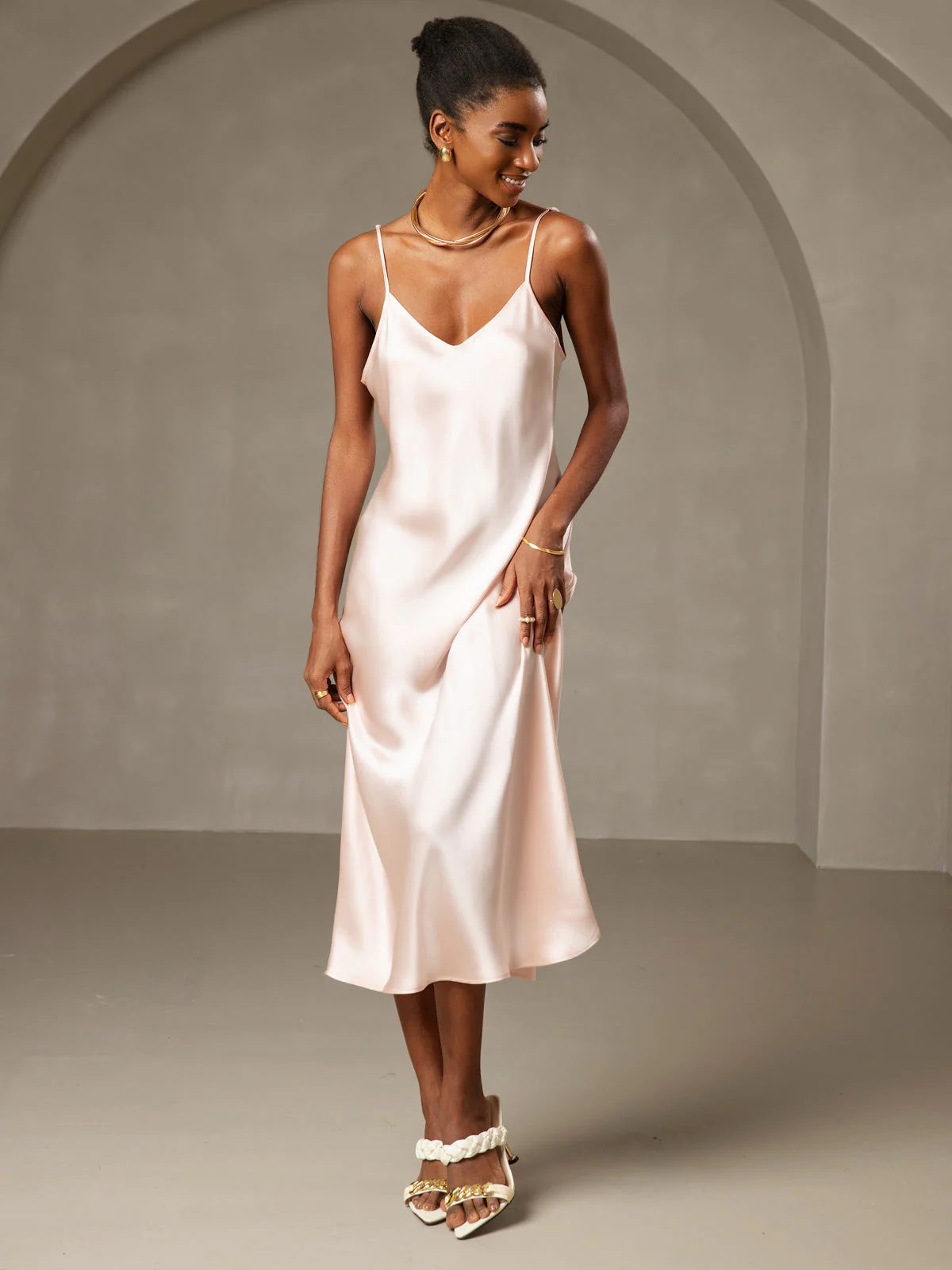 100% Mulberry Silk Spaghetti Strap Midi Long Dress - Image 45