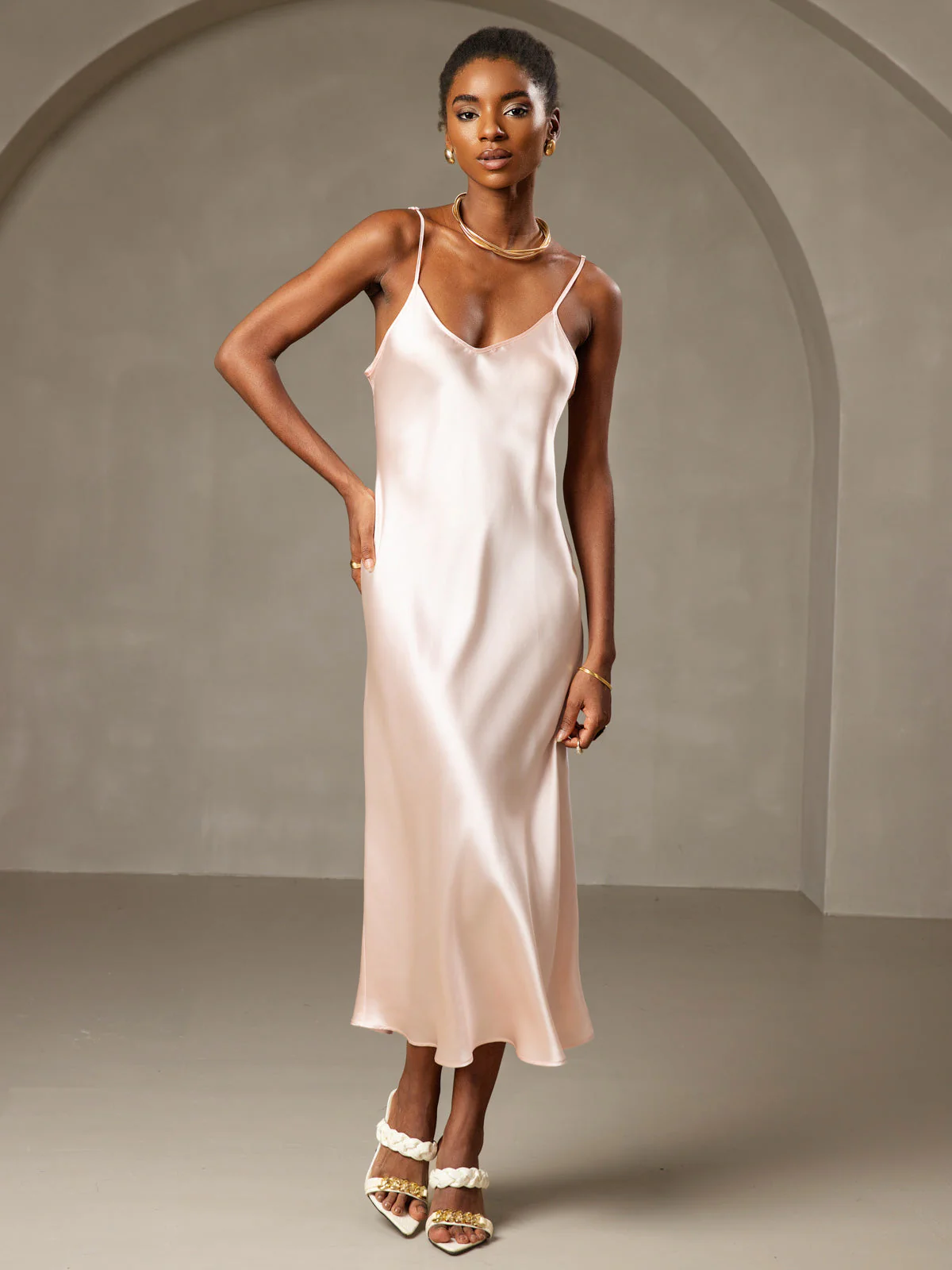 100% Mulberry Silk Spaghetti Strap Midi Long Dress - Image 47