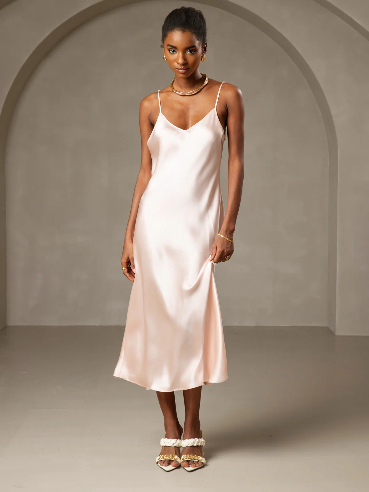 100% Mulberry Silk Spaghetti Strap Midi Long Dress - Image 48
