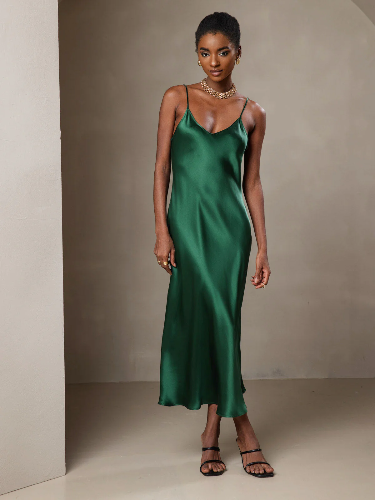100% Mulberry Silk Spaghetti Strap Midi Long Dress - Image 50