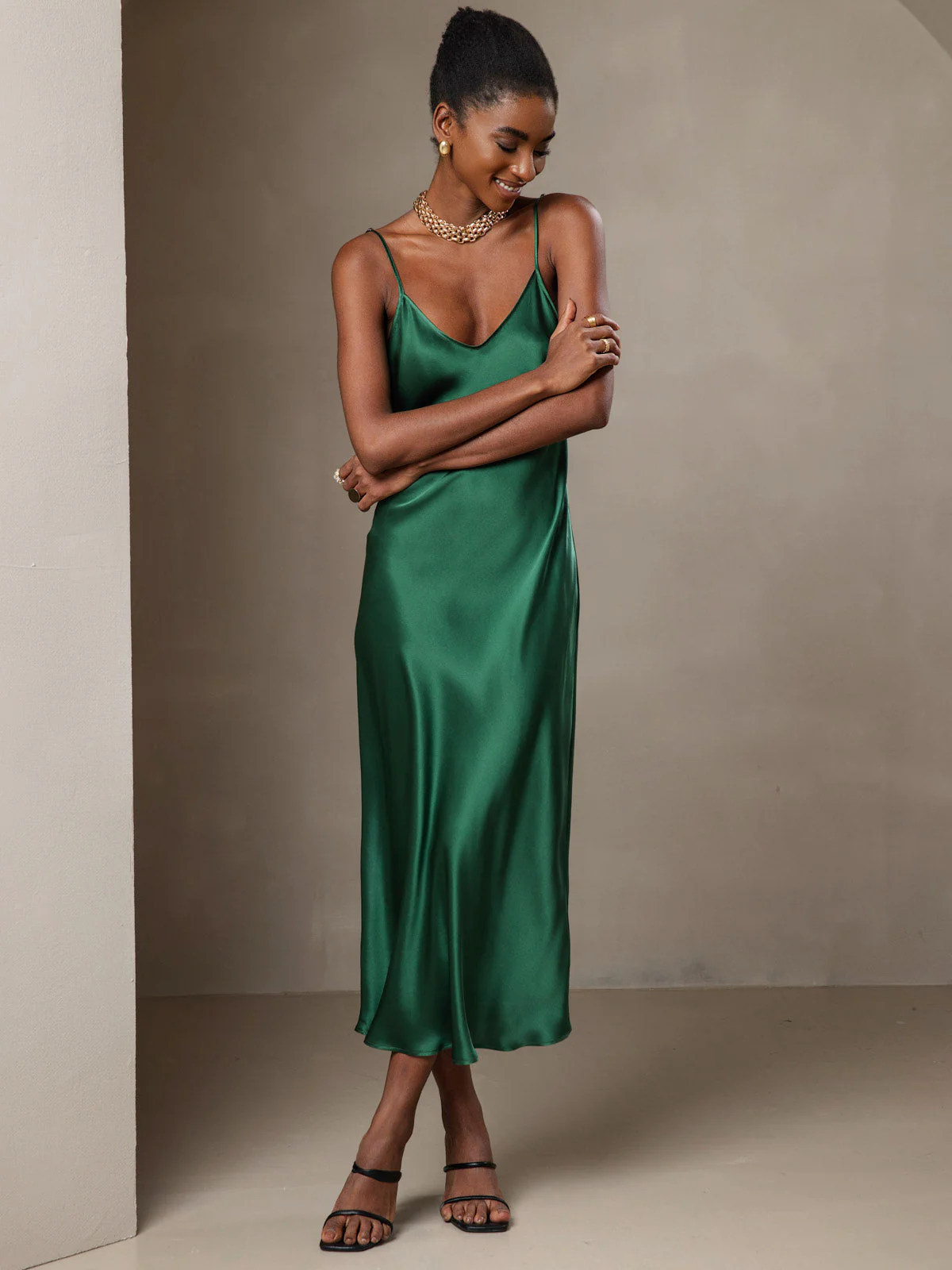 100% Mulberry Silk Spaghetti Strap Midi Long Dress - Image 54