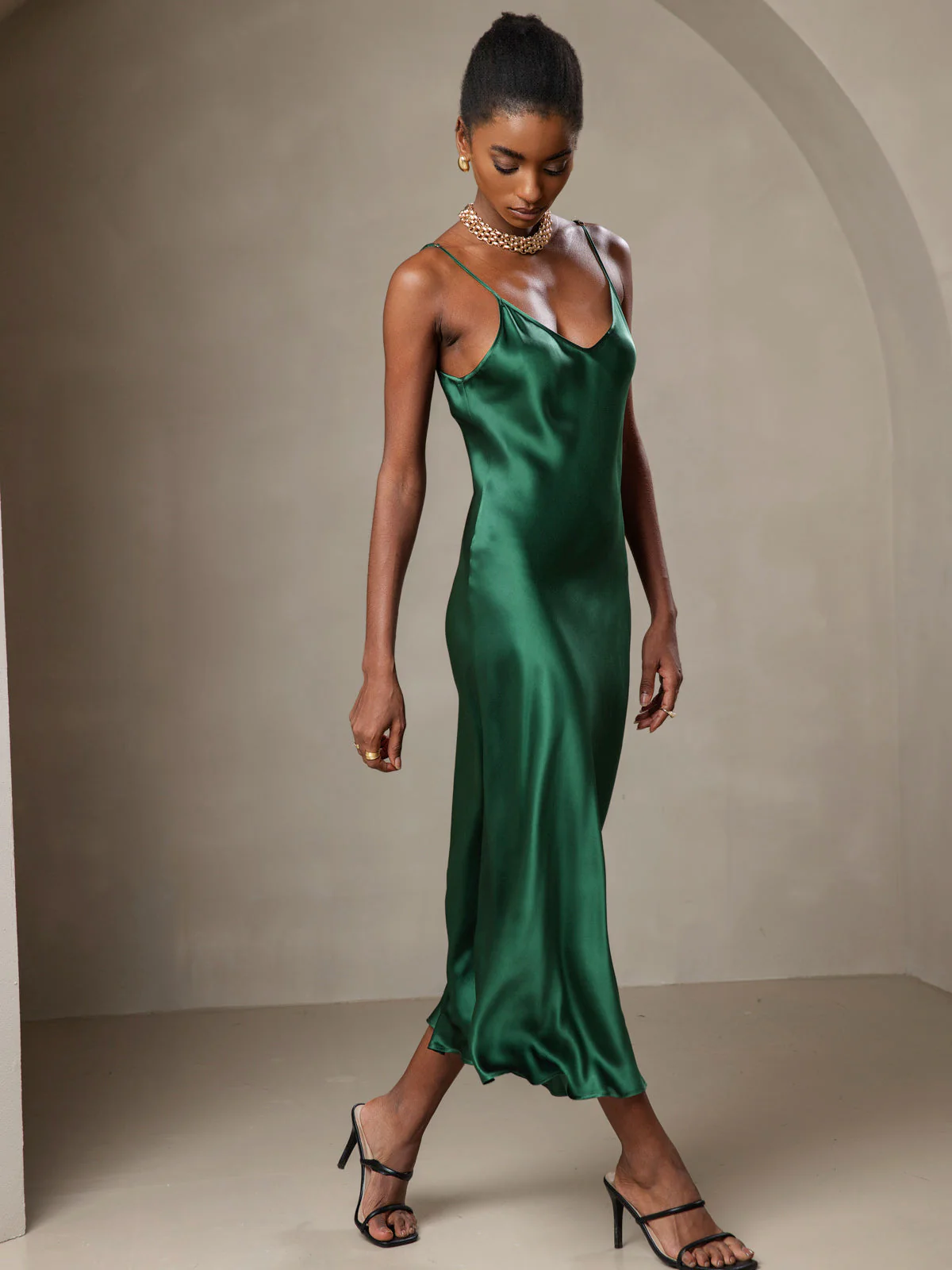 100% Mulberry Silk Spaghetti Strap Midi Long Dress - Image 55