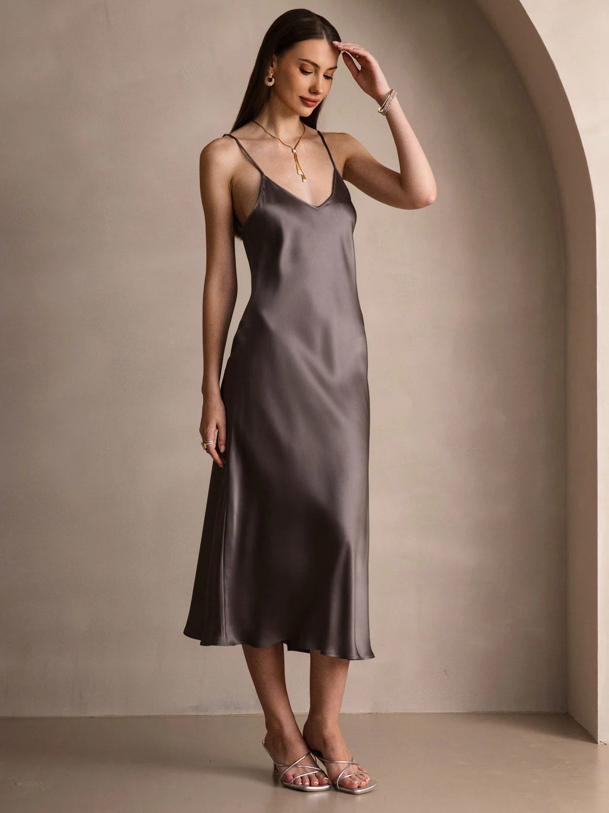 100% Mulberry Silk Spaghetti Strap Midi Long Dress - Image 67
