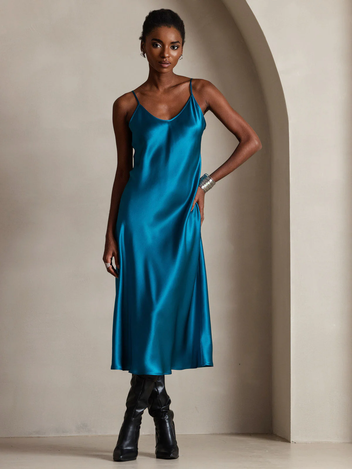 100% Mulberry Silk Spaghetti Strap Midi Long Dress - Image 68