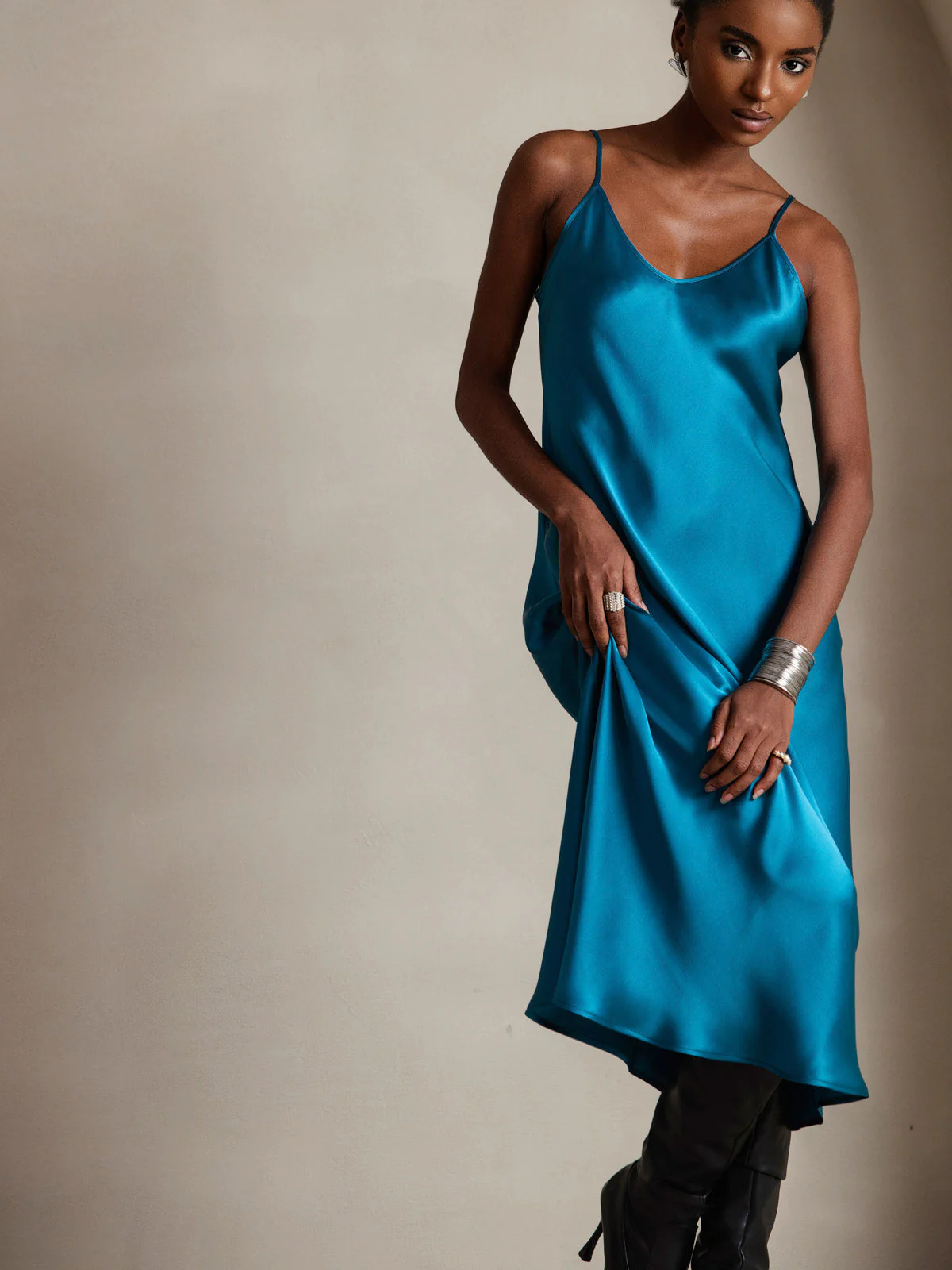100% Mulberry Silk Spaghetti Strap Midi Long Dress - Image 70