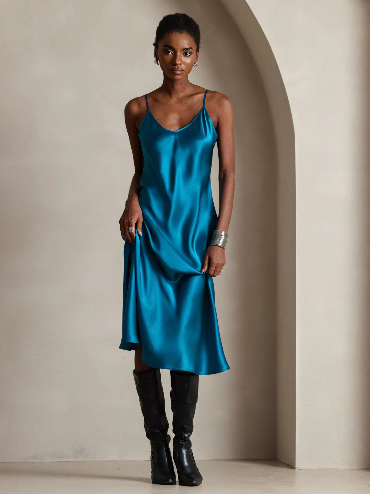 100% Mulberry Silk Spaghetti Strap Midi Long Dress - Image 71