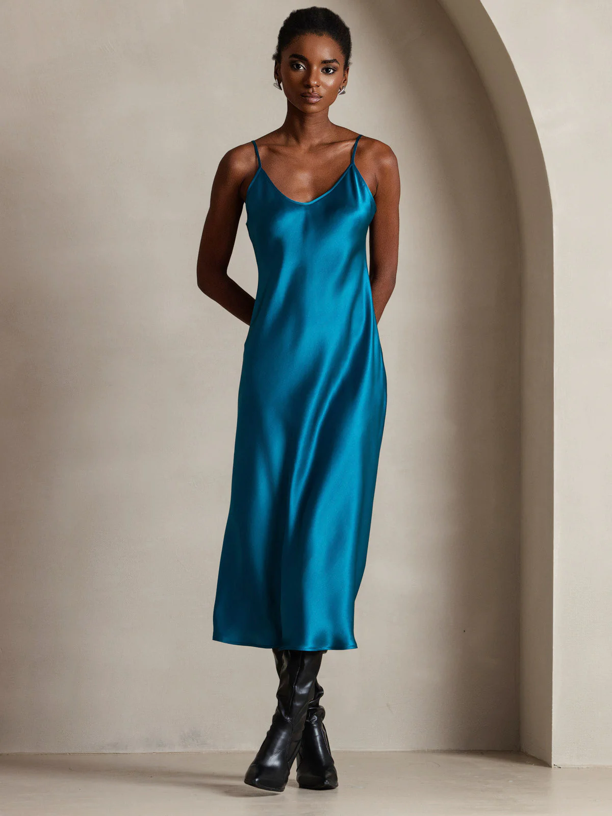 100% Mulberry Silk Spaghetti Strap Midi Long Dress - Image 72