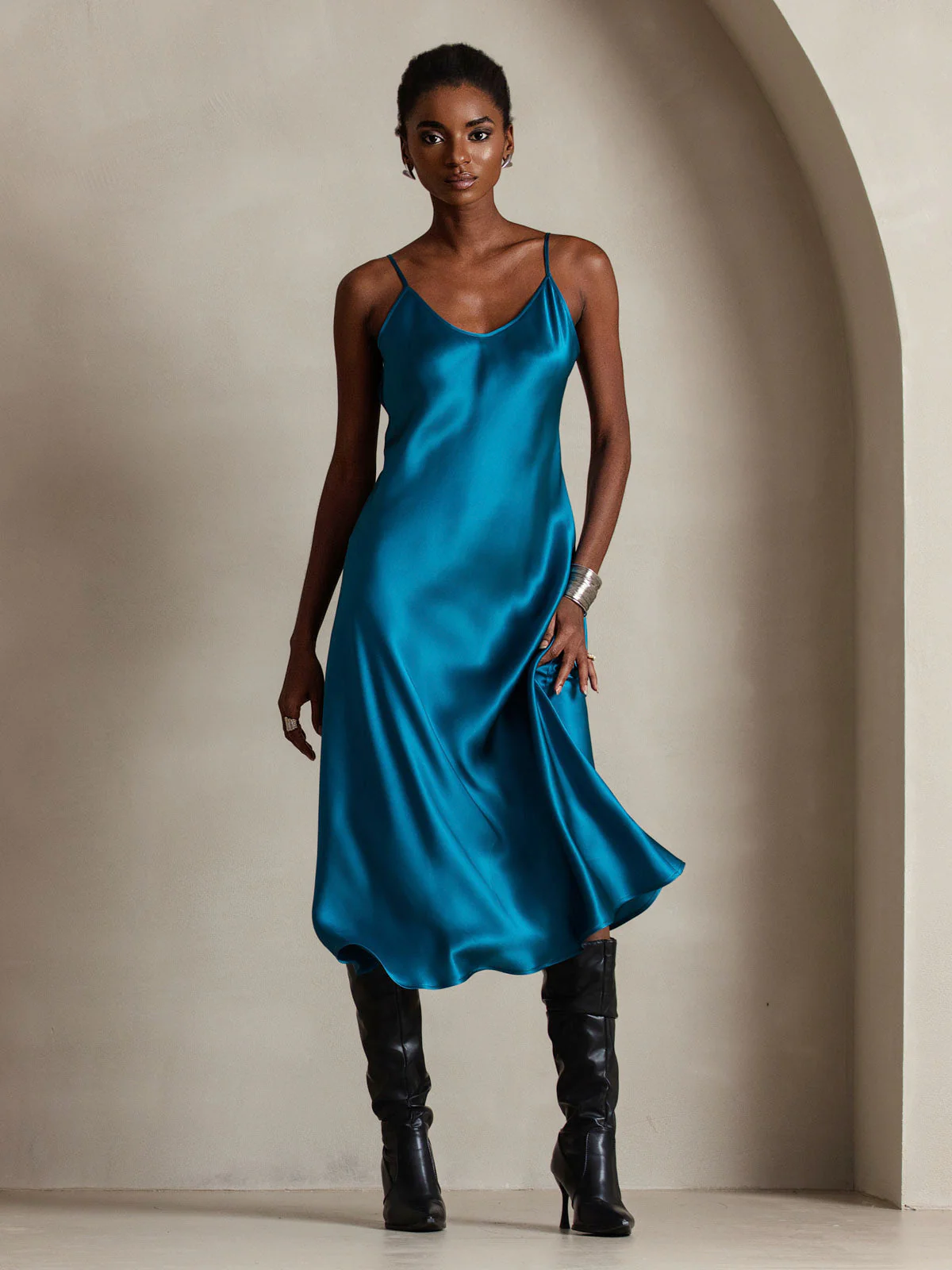 100% Mulberry Silk Spaghetti Strap Midi Long Dress - Image 73