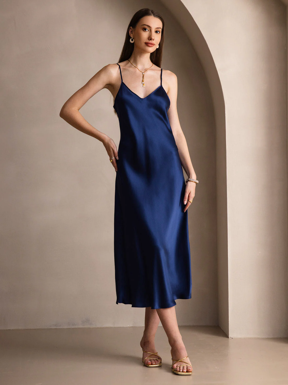 100% Mulberry Silk Spaghetti Strap Midi Long Dress - Image 82