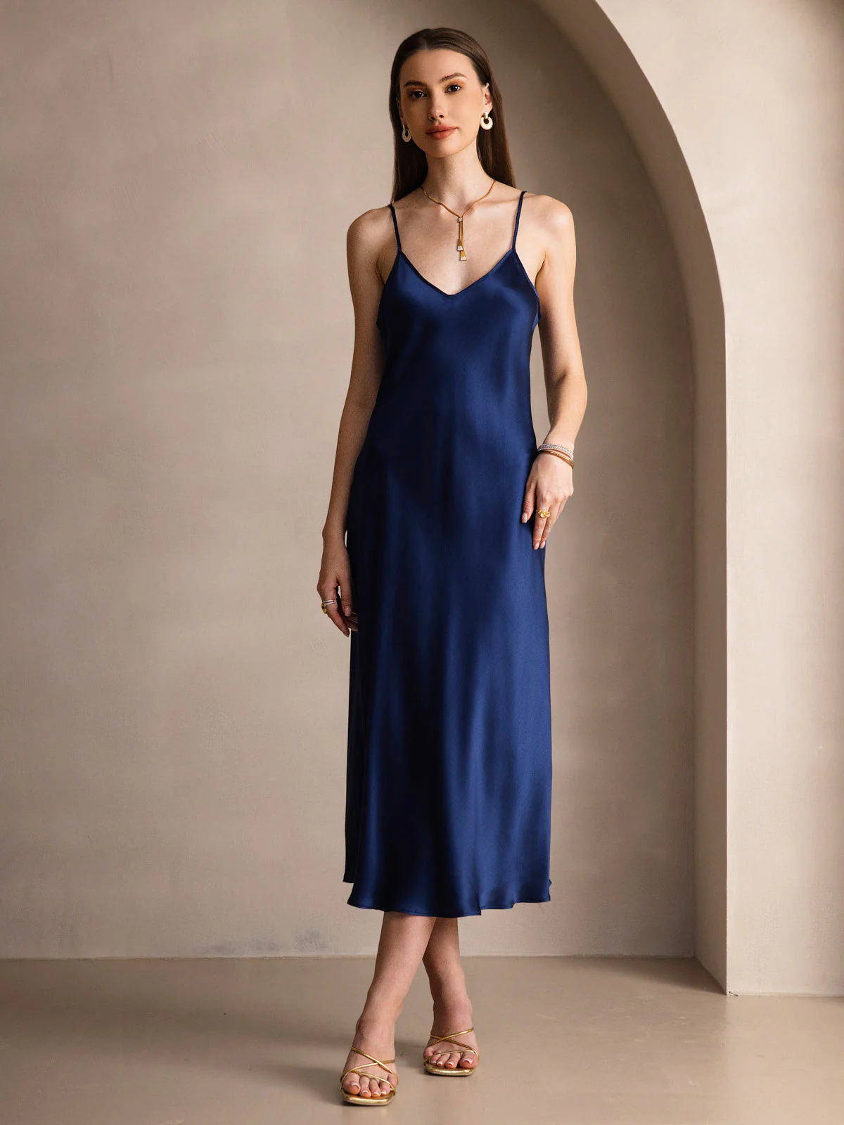 100% Mulberry Silk Spaghetti Strap Midi Long Dress - Image 84