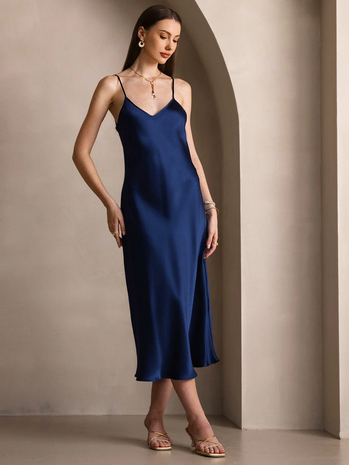 100% Mulberry Silk Spaghetti Strap Midi Long Dress - Image 86