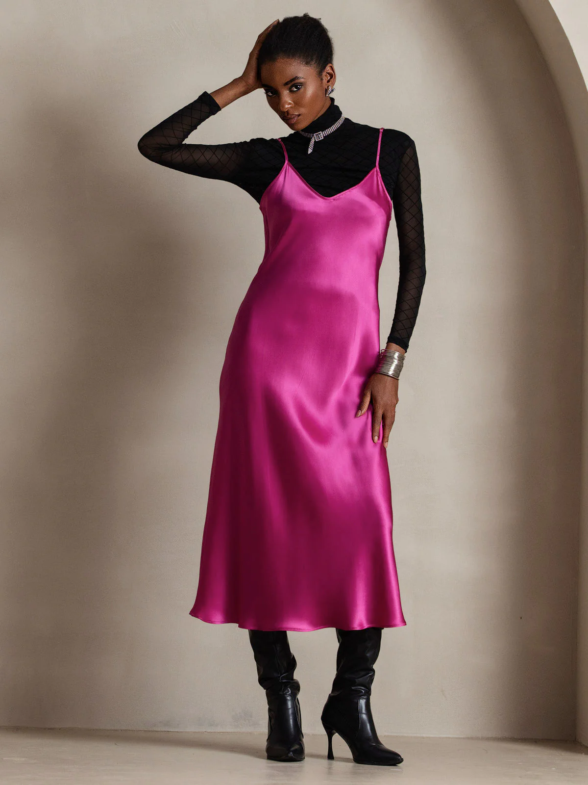 100% Mulberry Silk Spaghetti Strap Midi Long Dress - Image 87