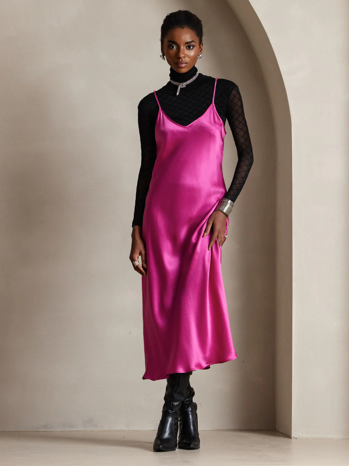 100% Mulberry Silk Spaghetti Strap Midi Long Dress - Image 90