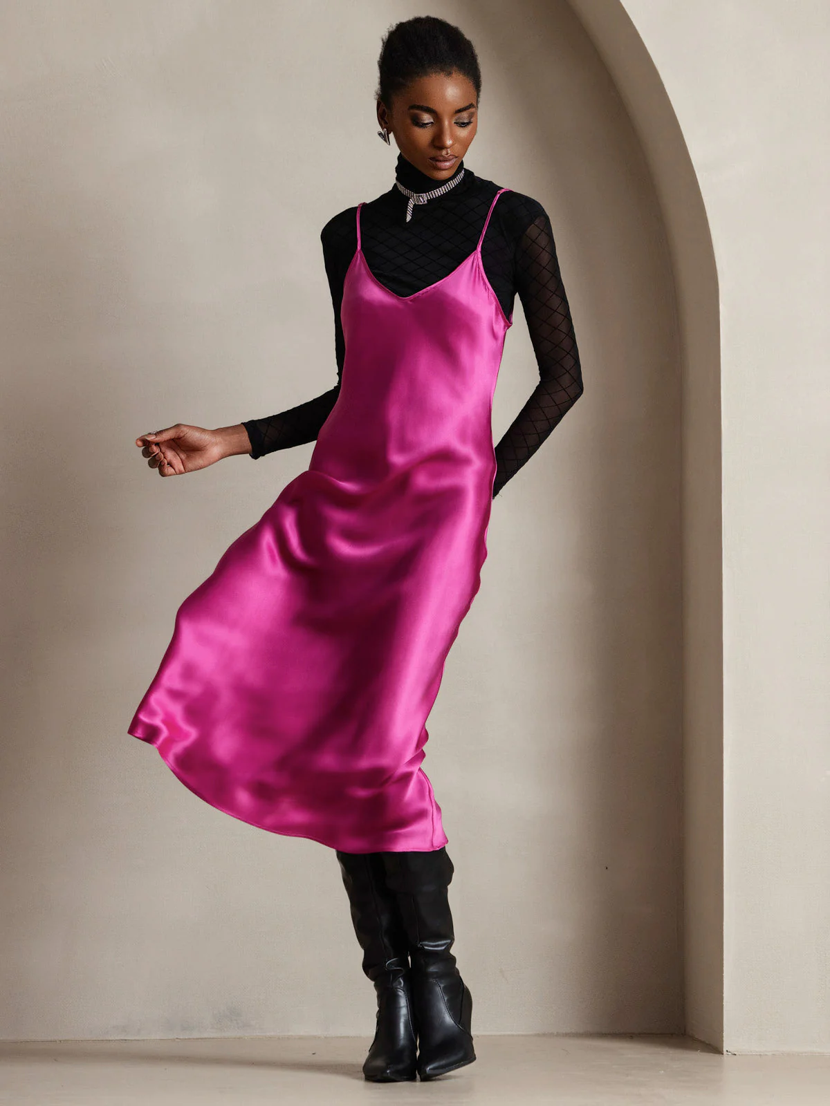 100% Mulberry Silk Spaghetti Strap Midi Long Dress - Image 91