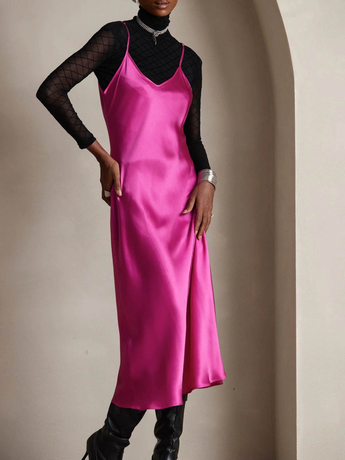 100% Mulberry Silk Spaghetti Strap Midi Long Dress - Image 92