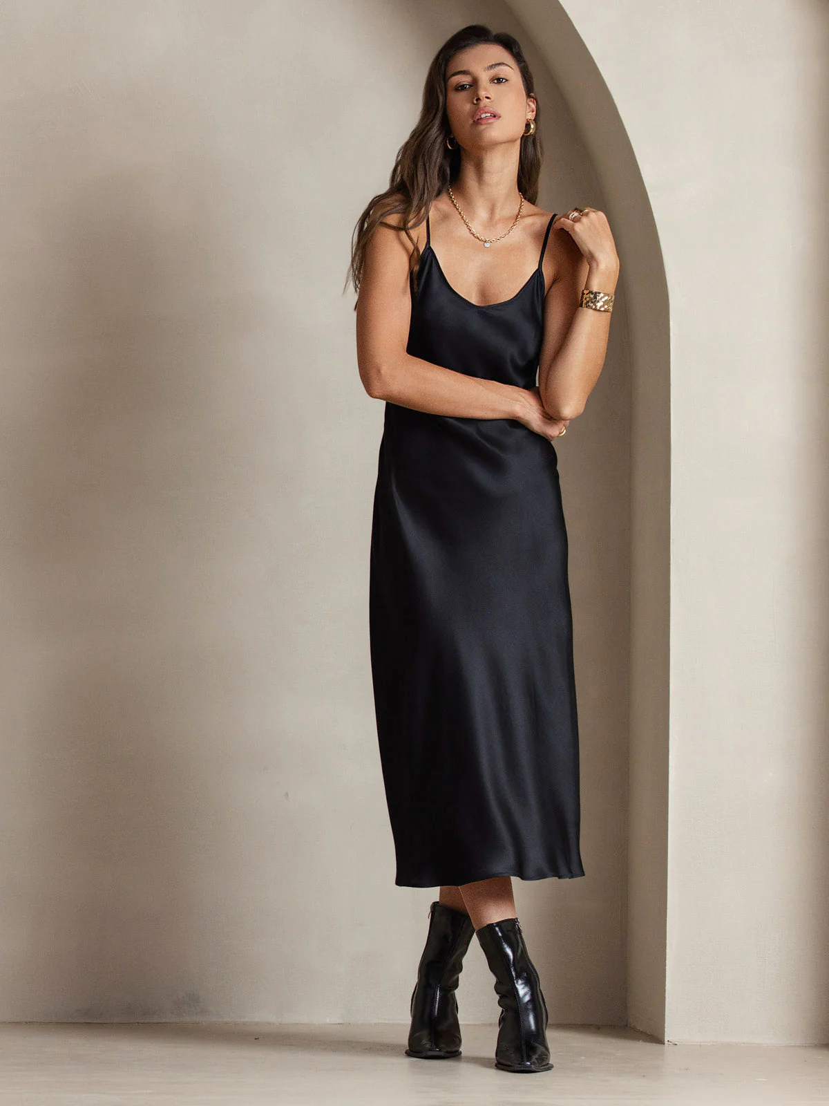 100% Mulberry Silk Spaghetti Strap V Neck Midi Dress - Image 12