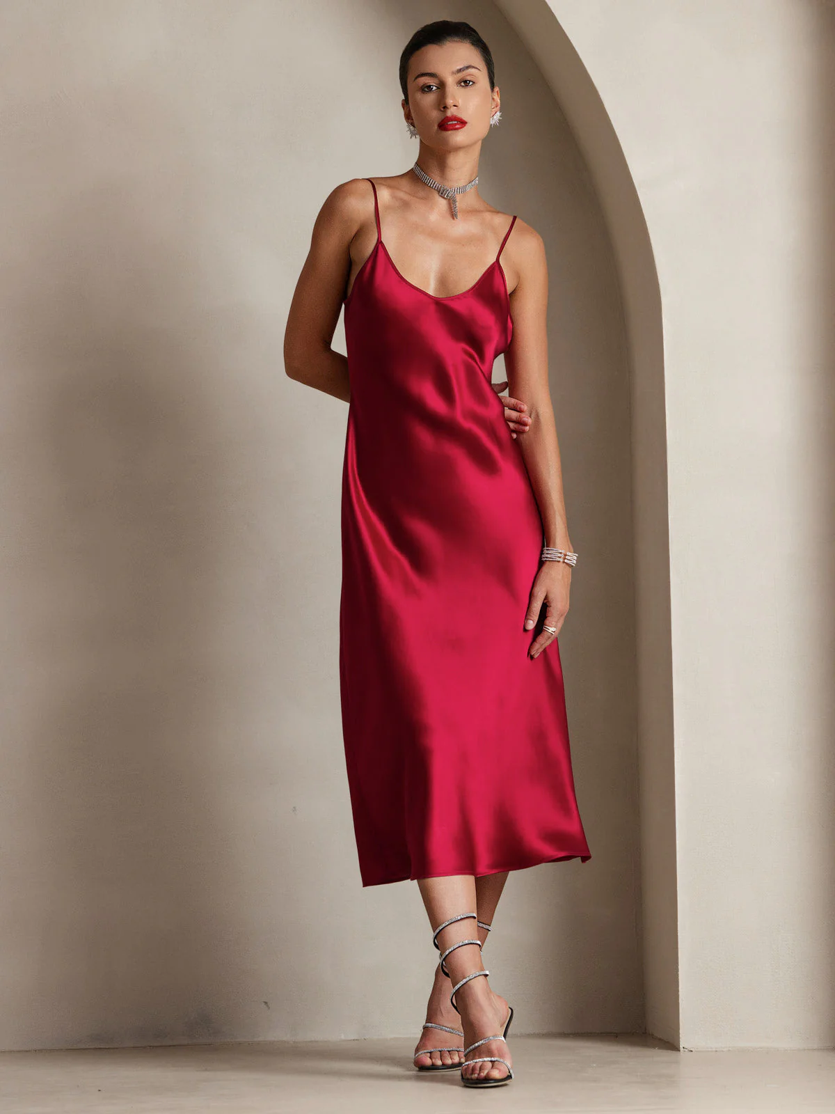 100% Mulberry Silk Spaghetti Strap V Neck Midi Dress - Image 15