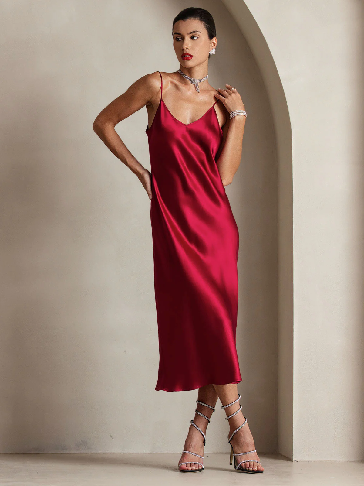 100% Mulberry Silk Spaghetti Strap V Neck Midi Dress - Image 17