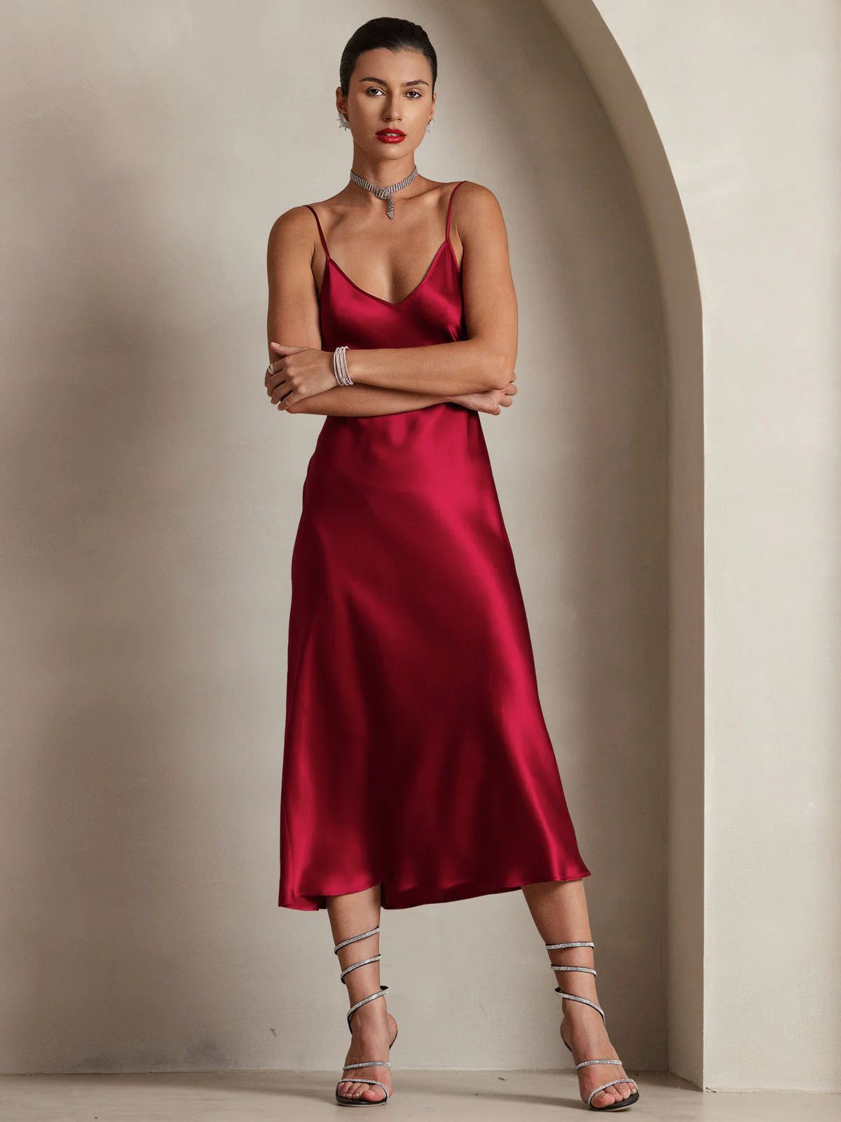 100% Mulberry Silk Spaghetti Strap V Neck Midi Dress - Image 18