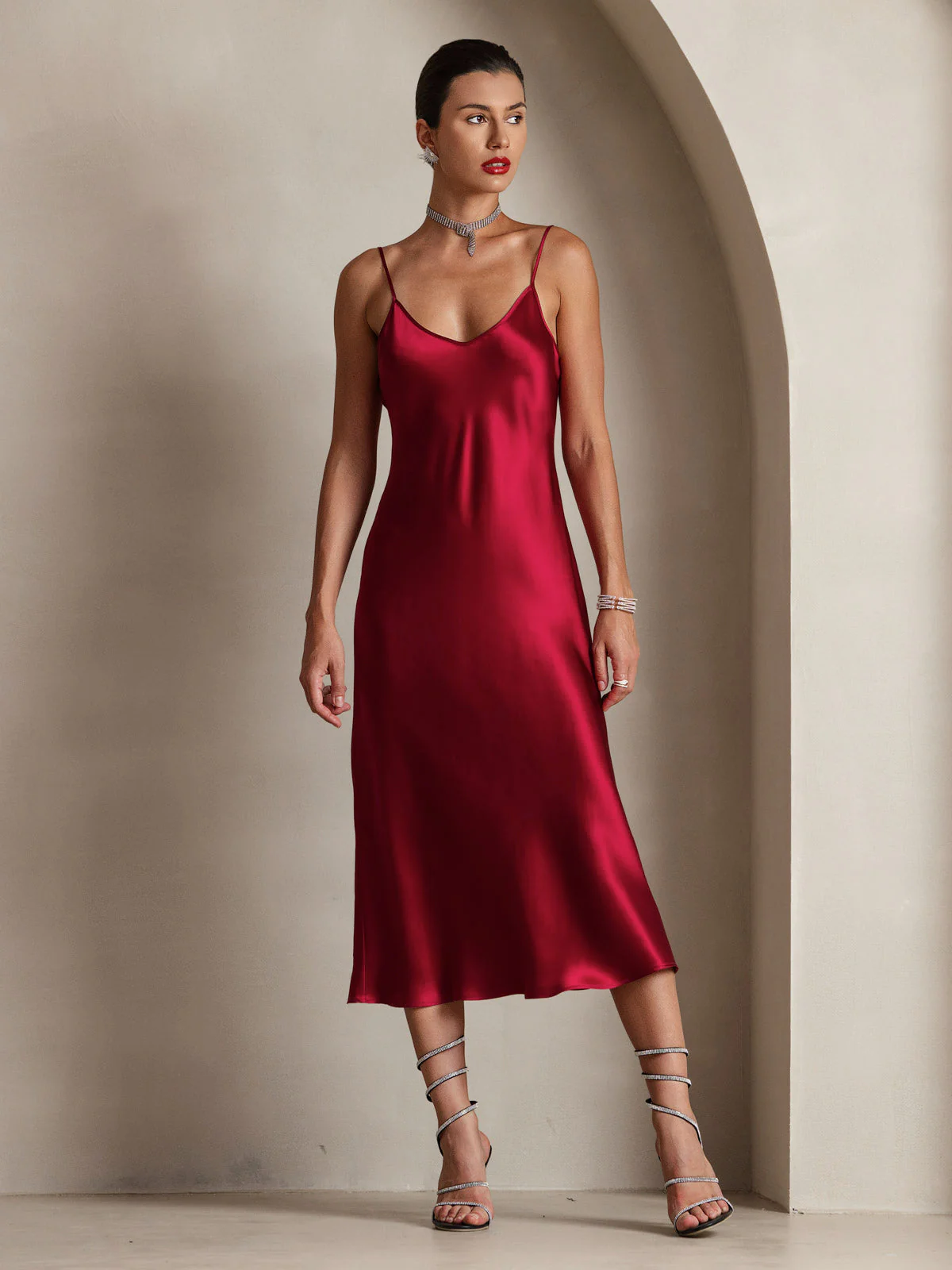 100% Mulberry Silk Spaghetti Strap V Neck Midi Dress - Image 20