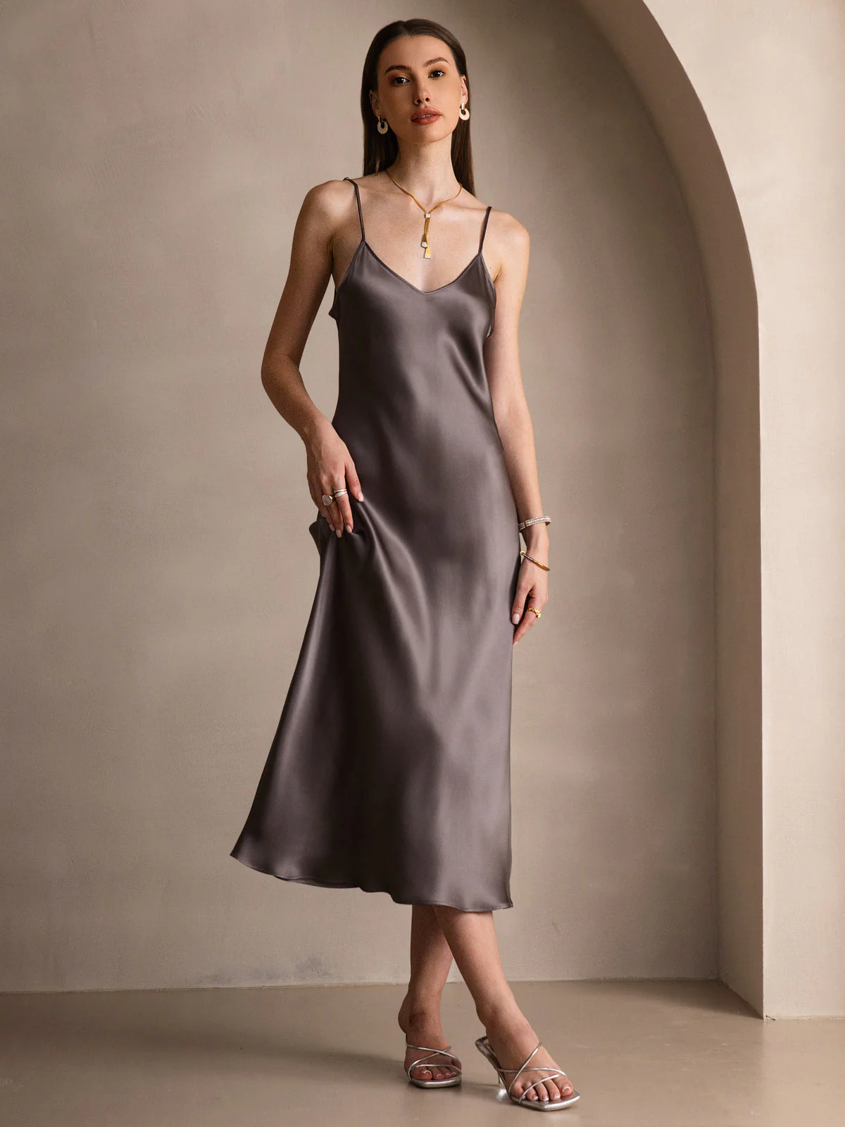 100% Mulberry Silk Spaghetti Strap V Neck Midi Dress - Image 27