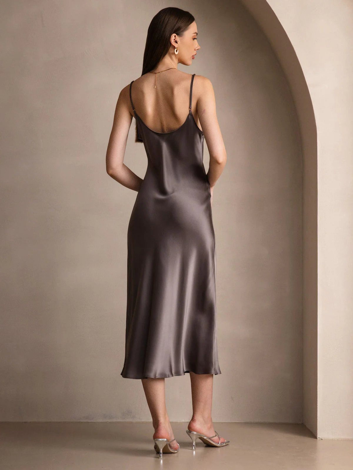 100% Mulberry Silk Spaghetti Strap V Neck Midi Dress - Image 28