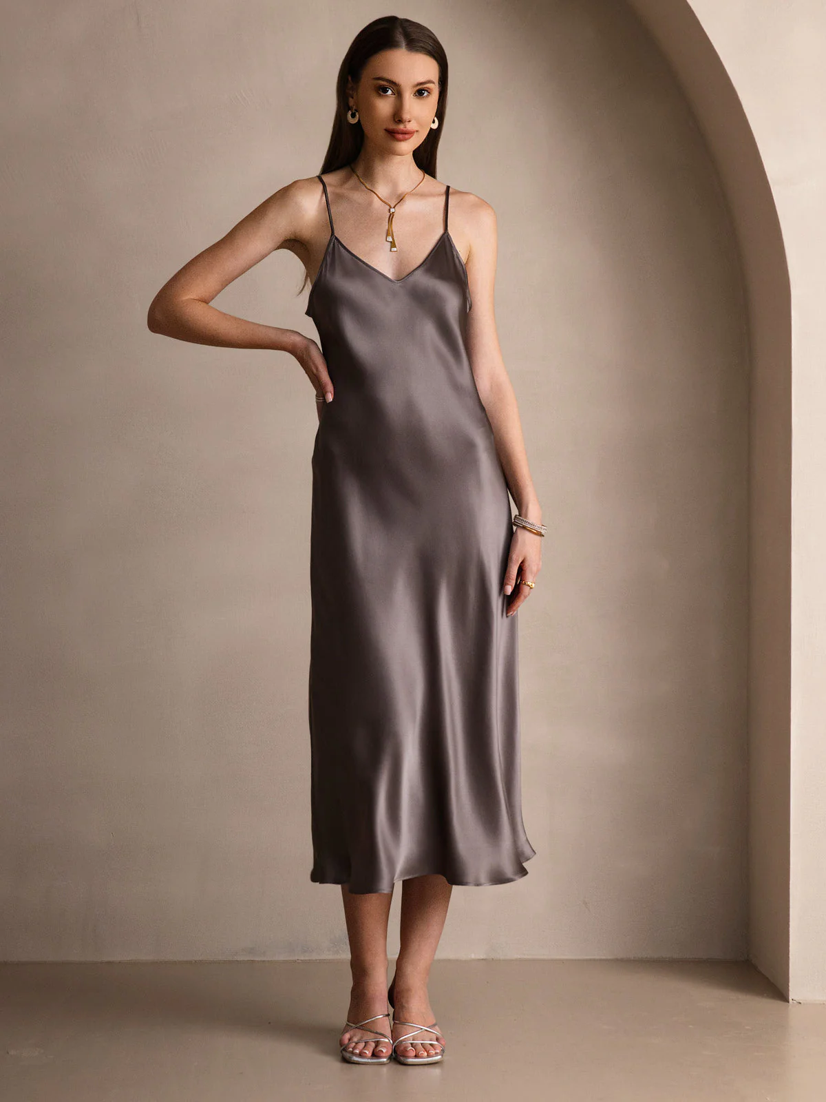 100% Mulberry Silk Spaghetti Strap V Neck Midi Dress - Image 29