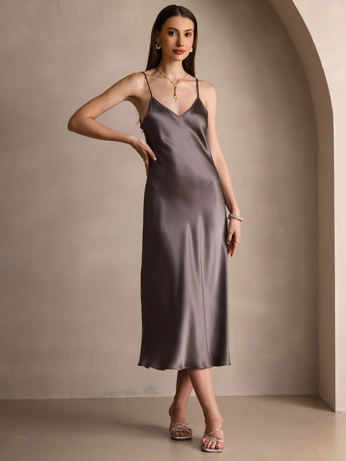 100% Mulberry Silk Spaghetti Strap V Neck Midi Dress - Image 31