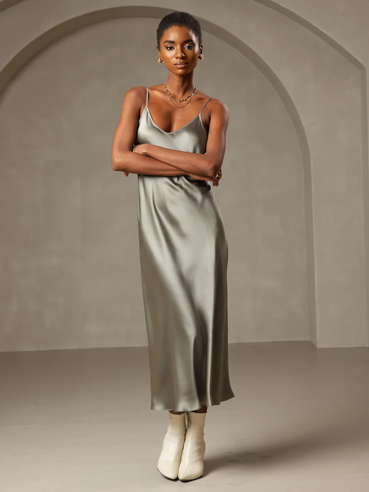100% Mulberry Silk Spaghetti Strap V Neck Midi Dress - Image 33