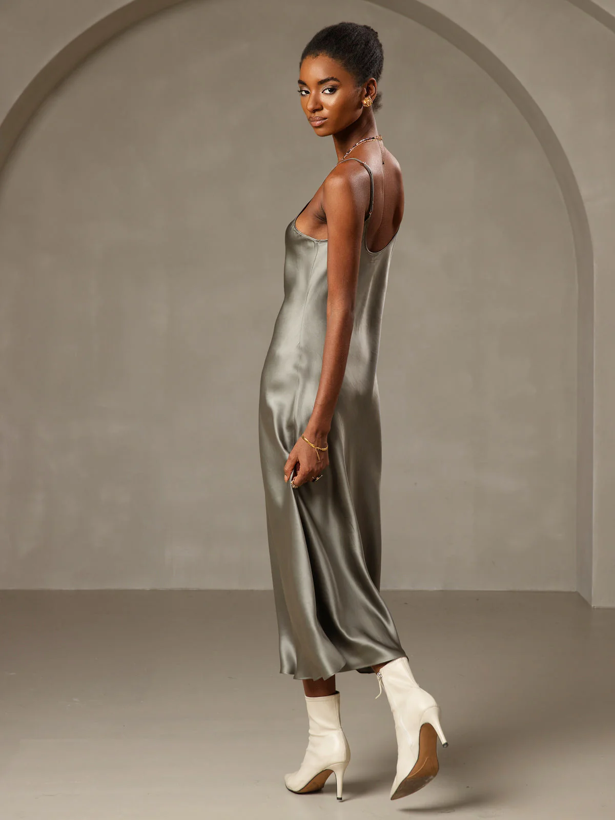 100% Mulberry Silk Spaghetti Strap V Neck Midi Dress - Image 34