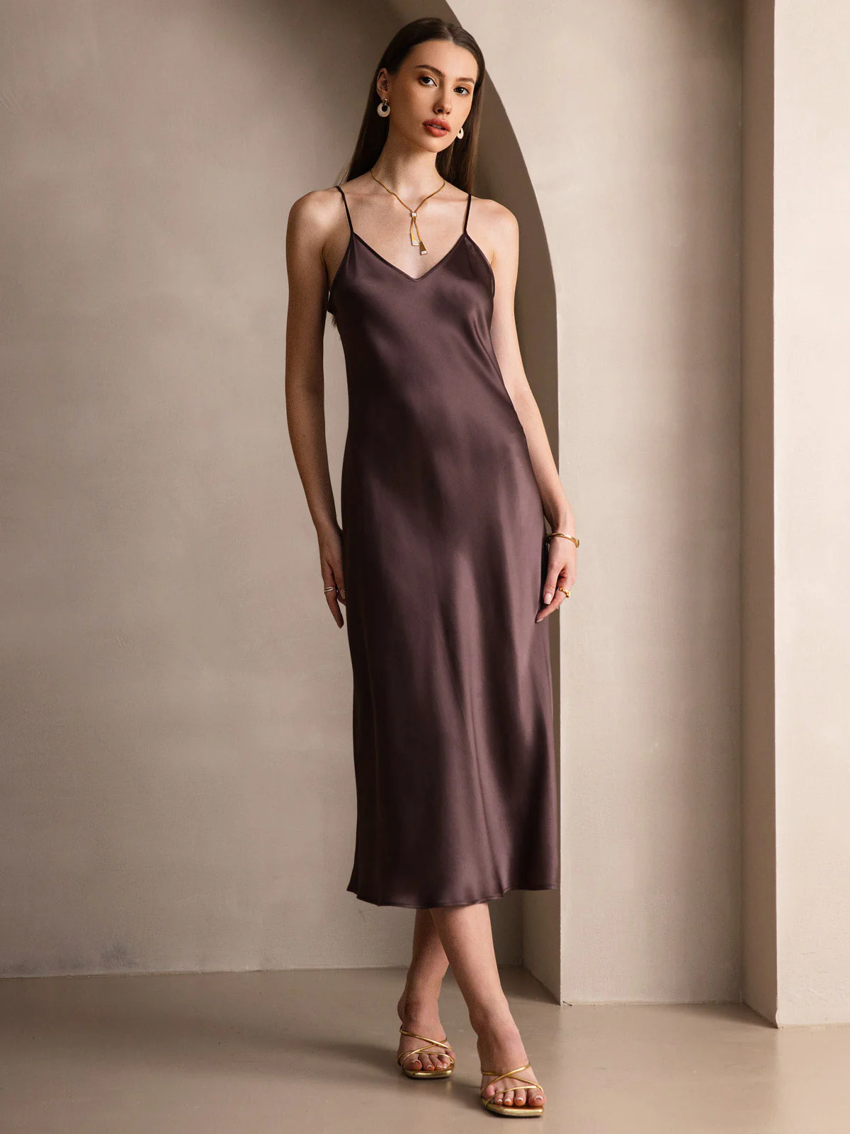 100% Mulberry Silk Spaghetti Strap V Neck Midi Dress - Image 39