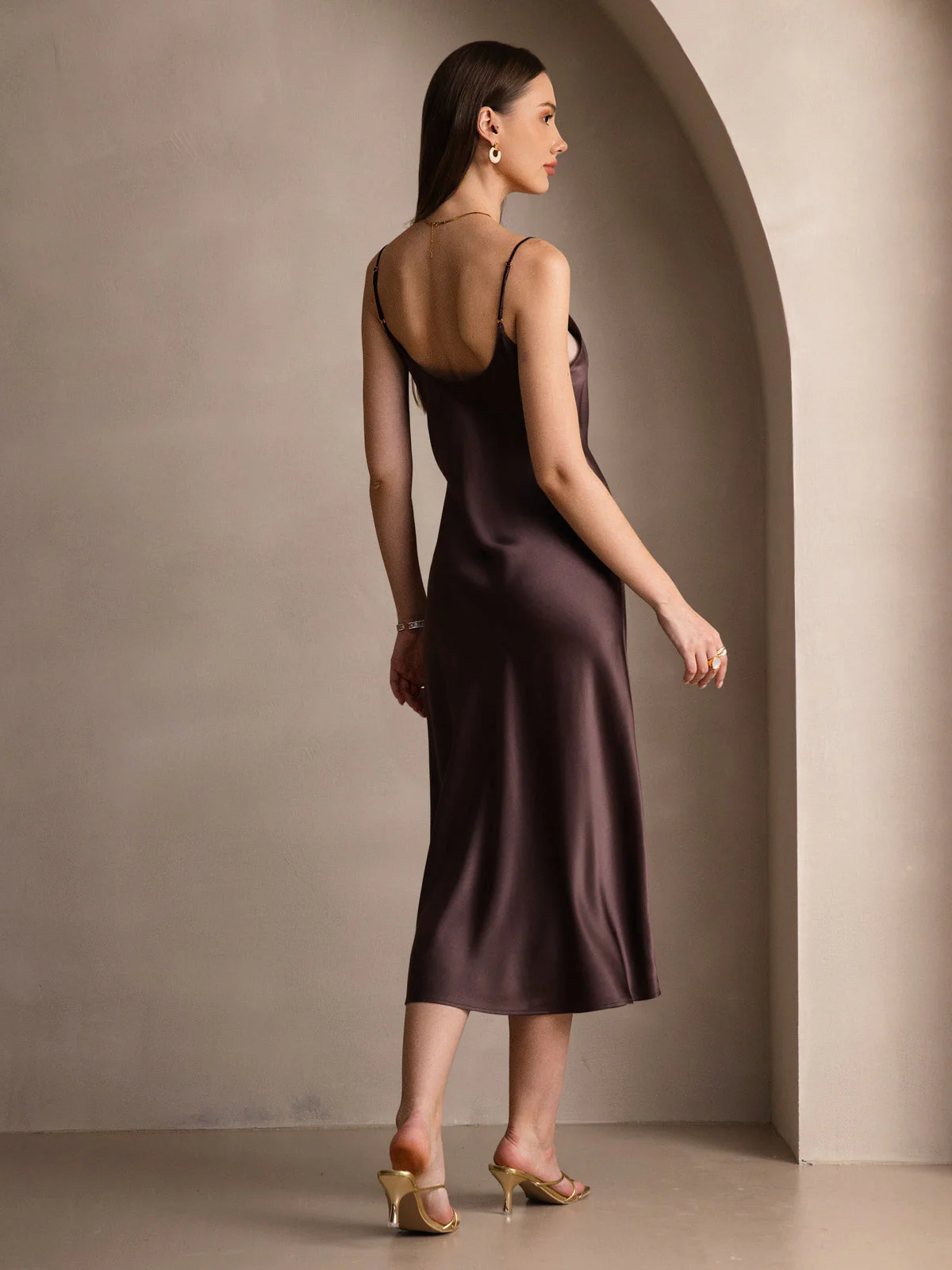 100% Mulberry Silk Spaghetti Strap V Neck Midi Dress - Image 40