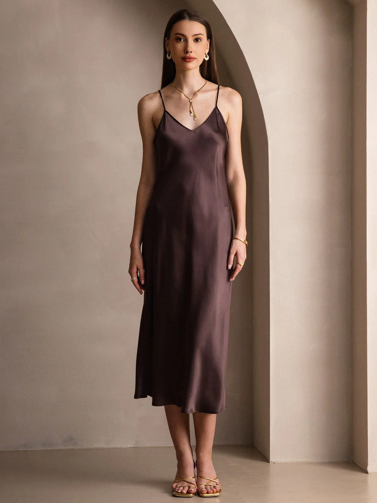 100% Mulberry Silk Spaghetti Strap V Neck Midi Dress - Image 41