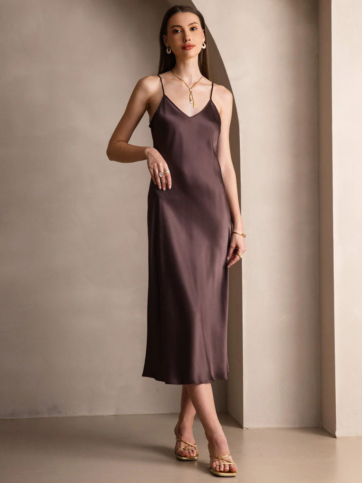 100% Mulberry Silk Spaghetti Strap V Neck Midi Dress - Image 42