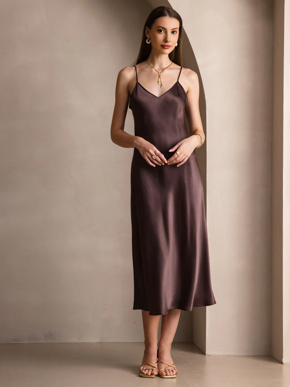 100% Mulberry Silk Spaghetti Strap V Neck Midi Dress - Image 43